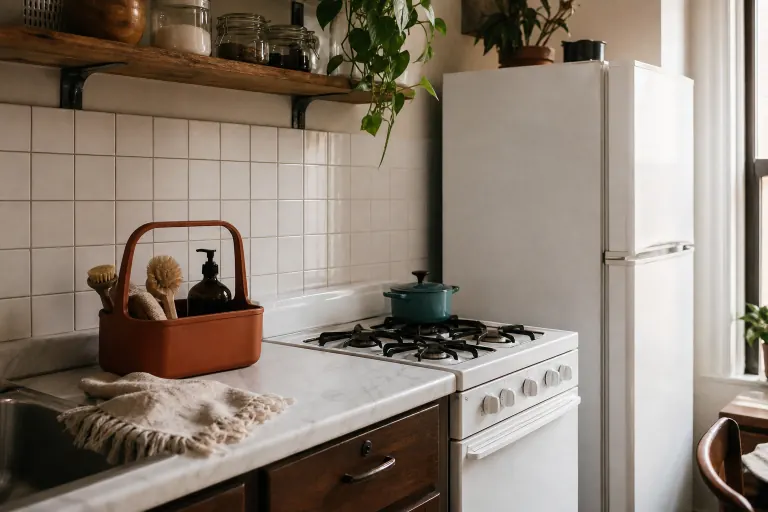 Compact kitchen counter, range, shelf, and refrigerator