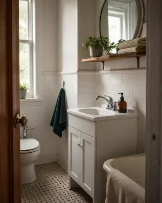 Small bathroom with a compact white vanity, shelf, mirror, towel, and plant