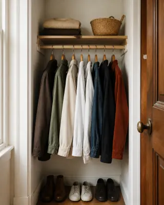 Narrow closet with an edited row of clothes, folded knits, basket, and shoes