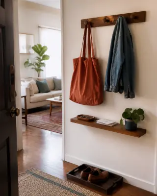 Small apartment entry with hooks, tote, jacket, key shelf, plant, and shoe tray