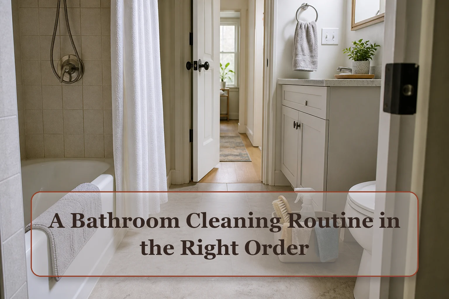 Small bathroom prepared for cleaning with a caddy outside the wet zone, separate cloths, and an open doorway