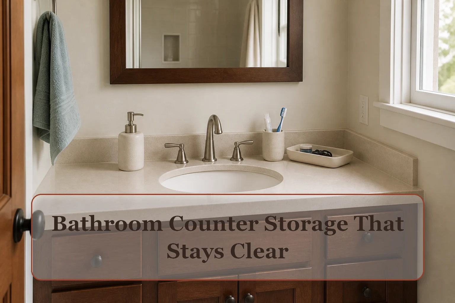 Small bathroom vanity with a mostly clear counter, soap, toothbrush cup, and one shallow daily-use tray