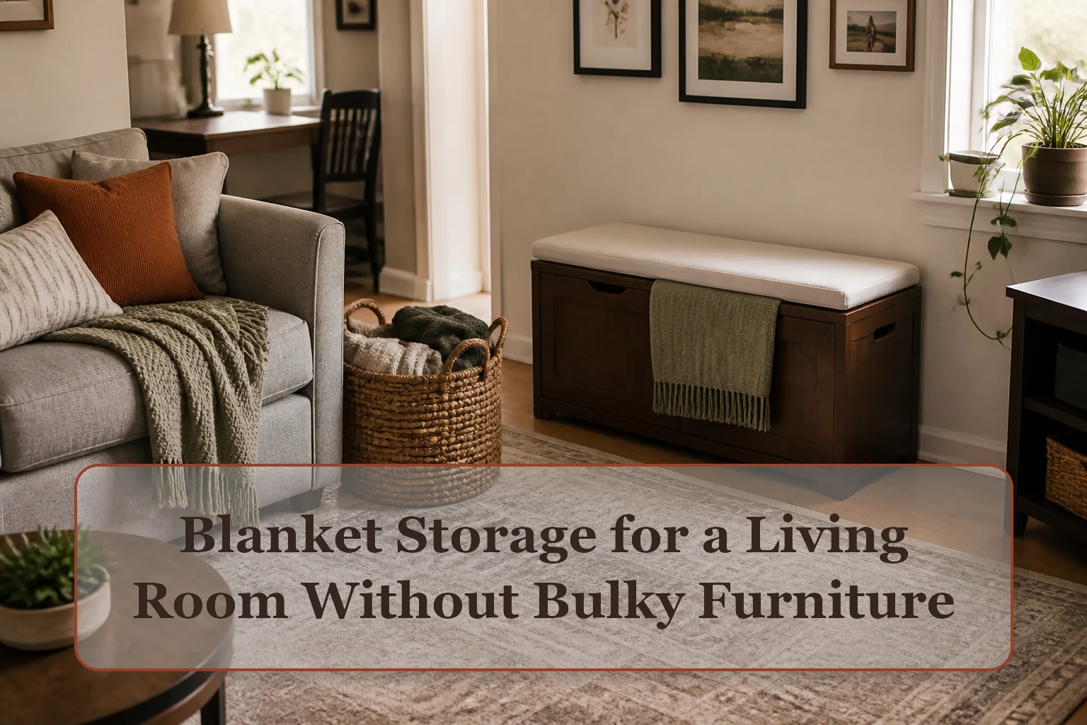 Compact living room with current throws in a breathable basket and backup blankets inside a storage bench