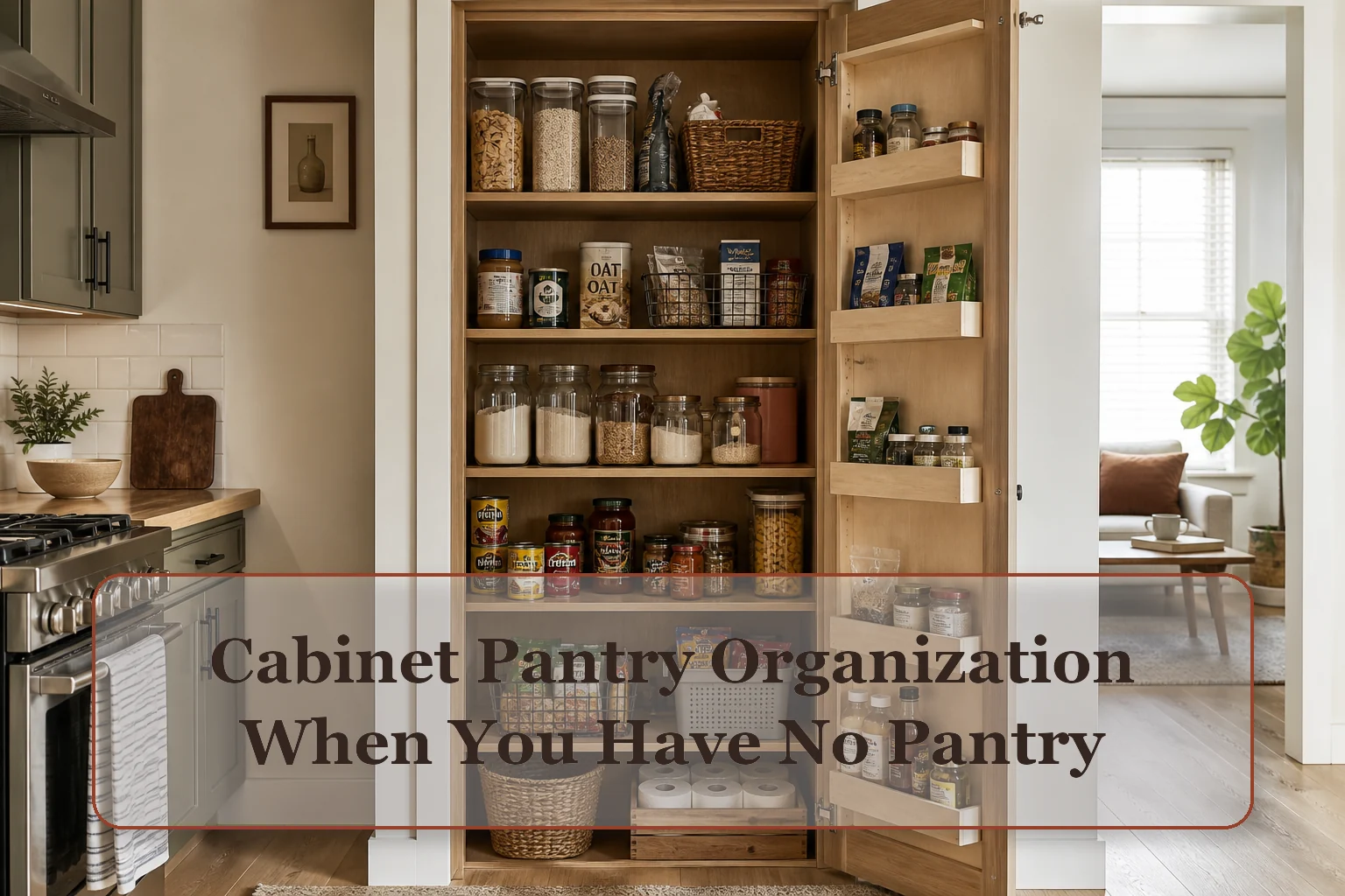 Tall kitchen cabinet used as a compact pantry with breakfast, cooking, snack, and limited backstock zones