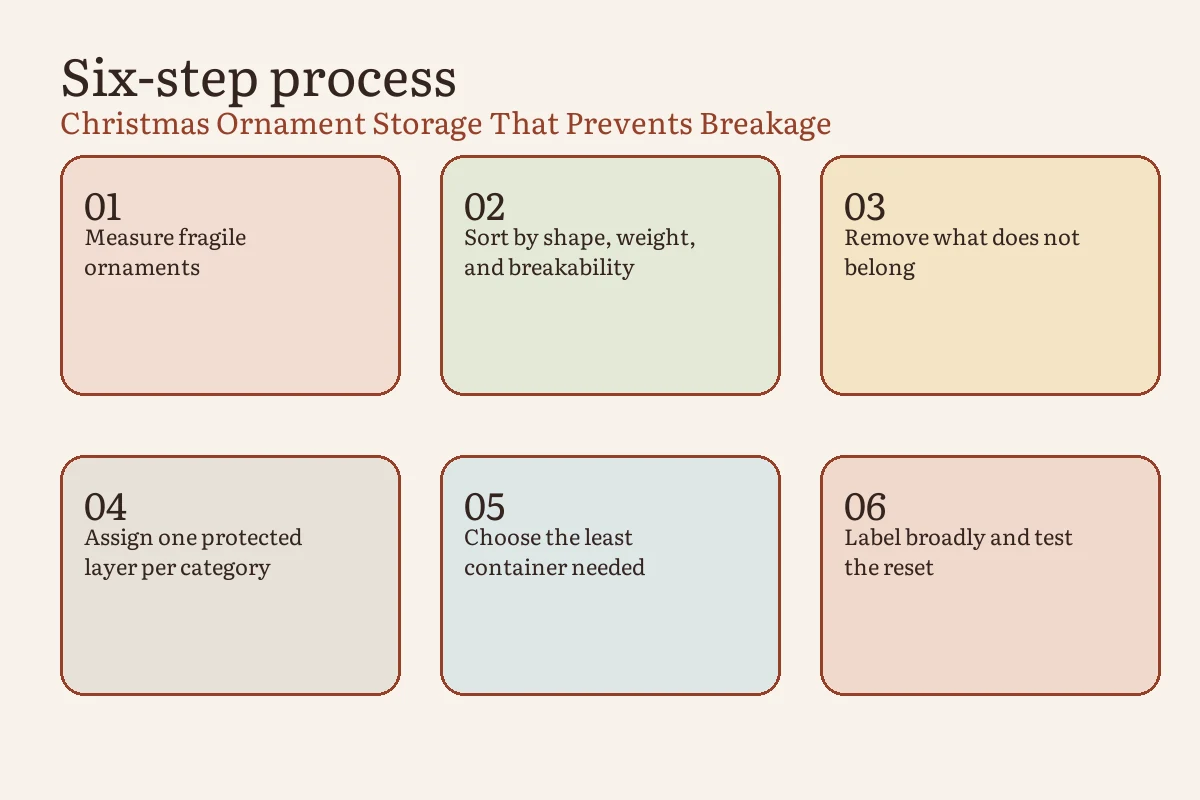 Ornament packing sequence from condition check through individual support, layer map, and lift test