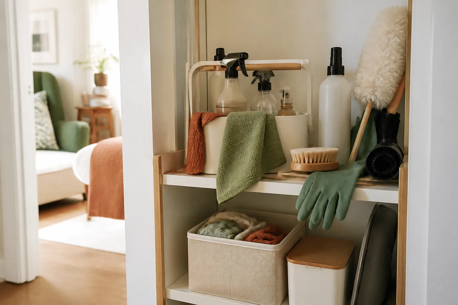 Compact apartment utility shelf with an unlabeled cleaning caddy, upright bottles, cloths, brush, gloves, and duster