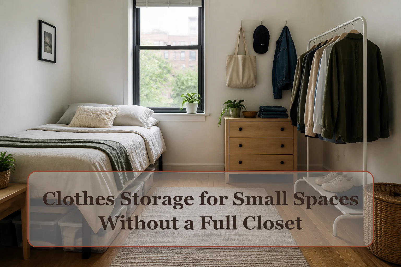 Compact bedroom using a narrow garment rack, small dresser, wall hooks, and shallow under-bed boxes