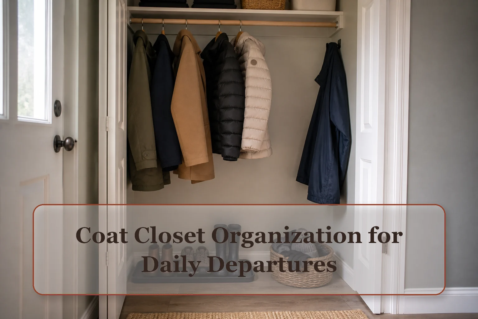 Small entry coat closet with current coats, a boot tray, hat basket, and a separate place for damp outerwear