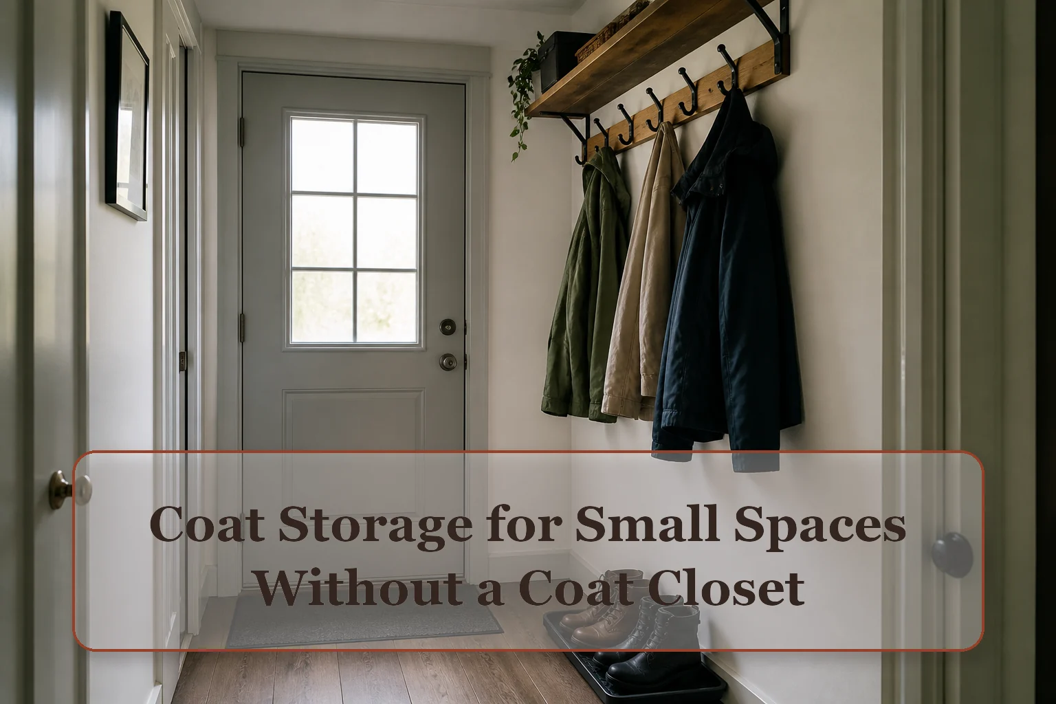 Small rental entry without a closet using a wall hook rail, short shelf, boot tray, and limited current coats