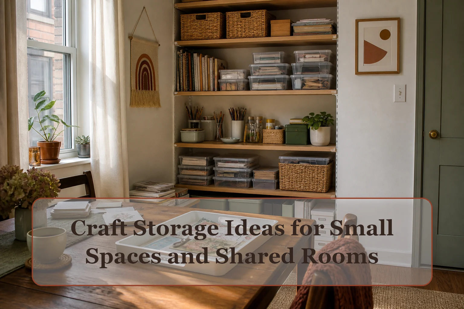 Small craft nook with reachable tools, shallow supply shelves, and one contained active-project tray