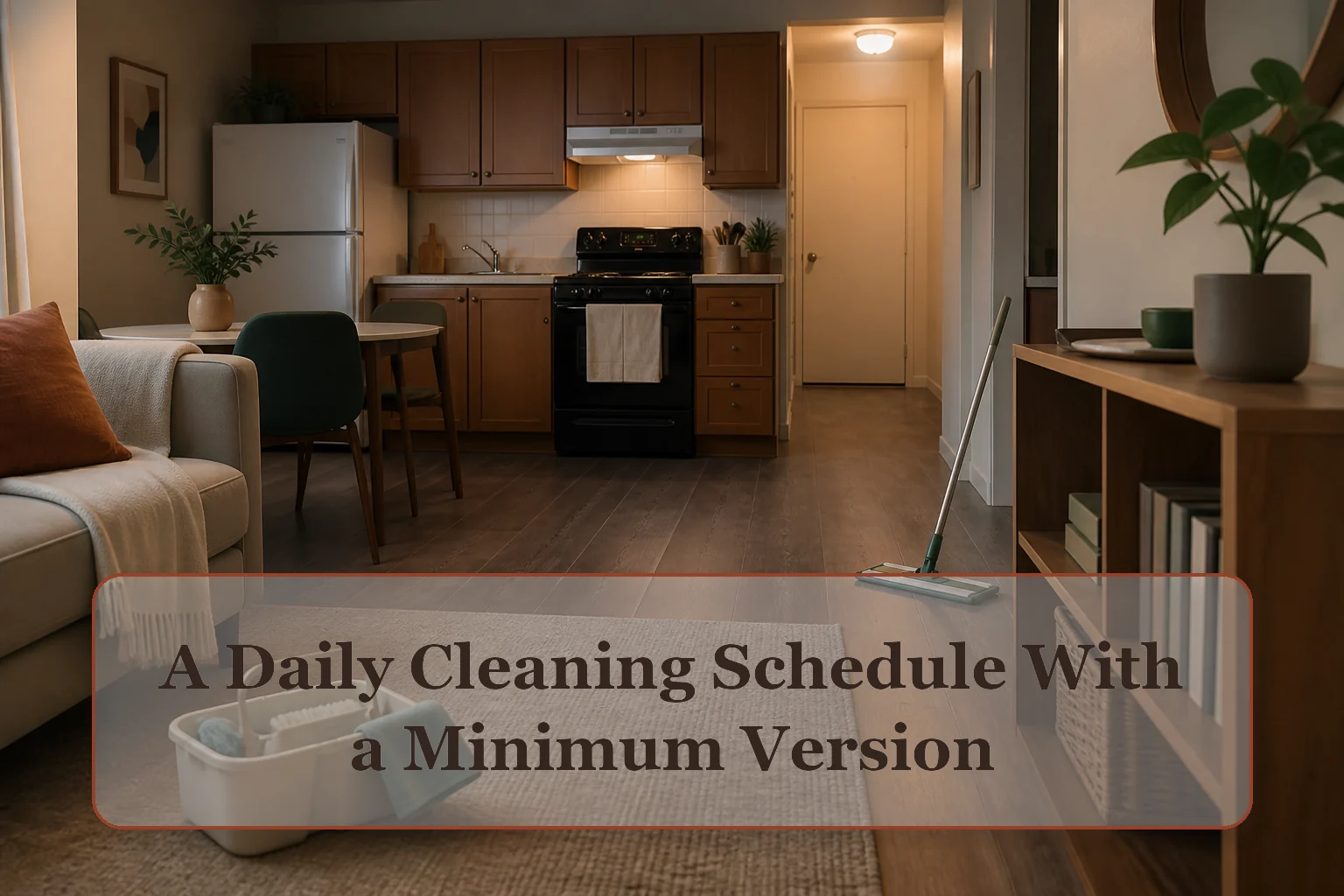 Compact kitchen and living space ready for a short evening reset with a caddy, cloths, and floor tool