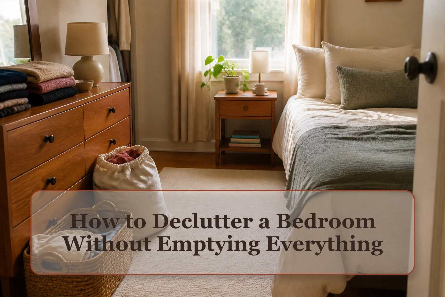 Small bedroom with a usable bed, clear route, relocate basket, donation bag, and one dresser zone being edited