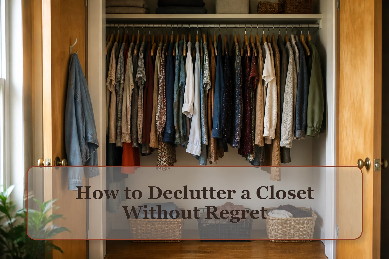 Reach-in closet with clothes mostly hung and small contained groups for keeping, repair, and leaving