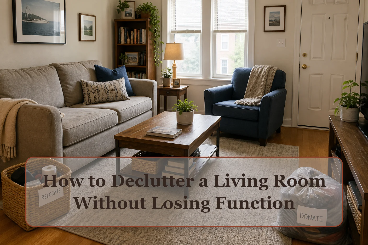 Compact living room with usable seating, a clear route, defined coffee-table landing, and contained exit items
