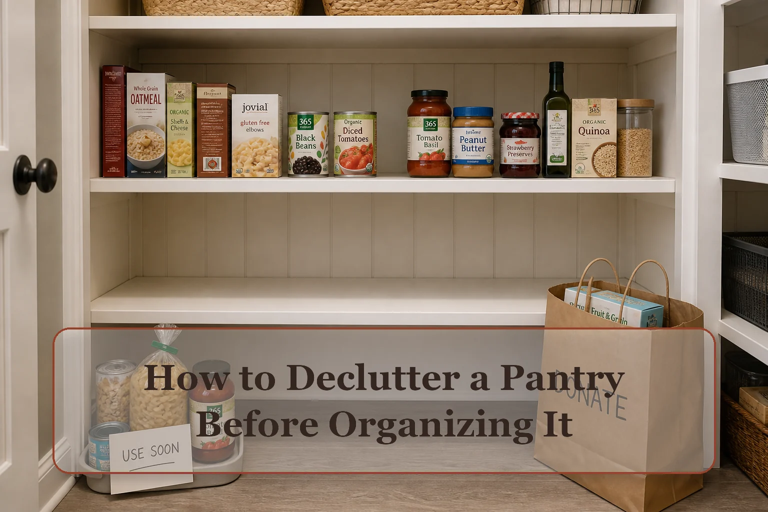 One pantry shelf during a bounded edit with a use-soon group, open capacity, and a separate donation bag