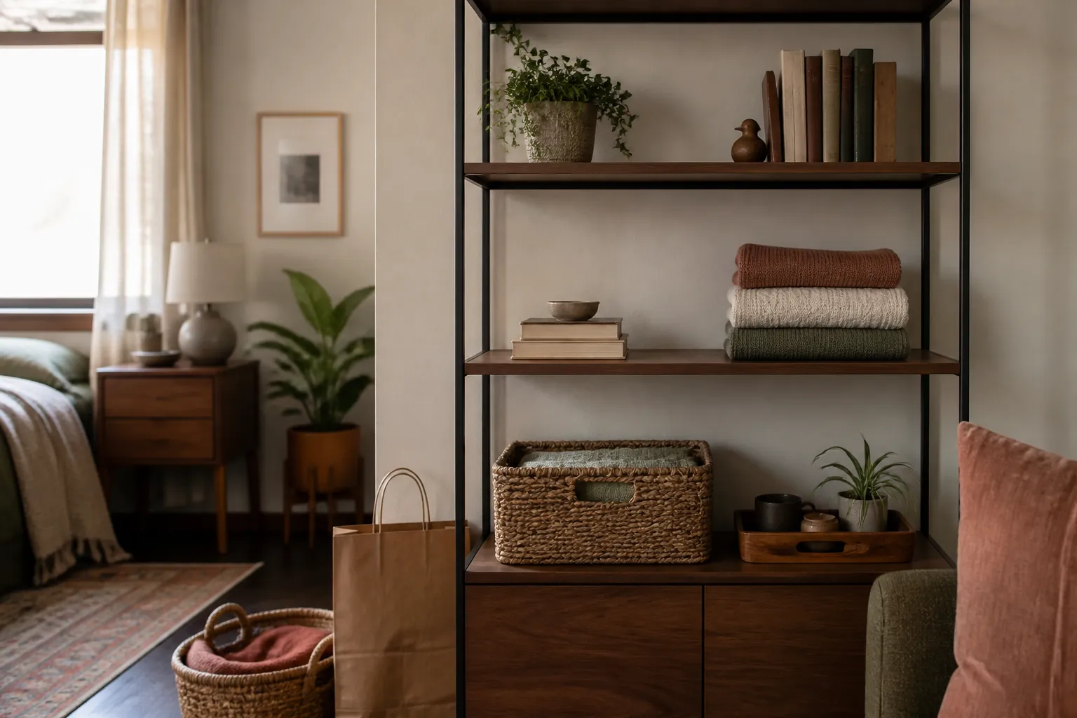 A bounded apartment shelving zone being decluttered with open space, a basket, and a small leaving-home bag
