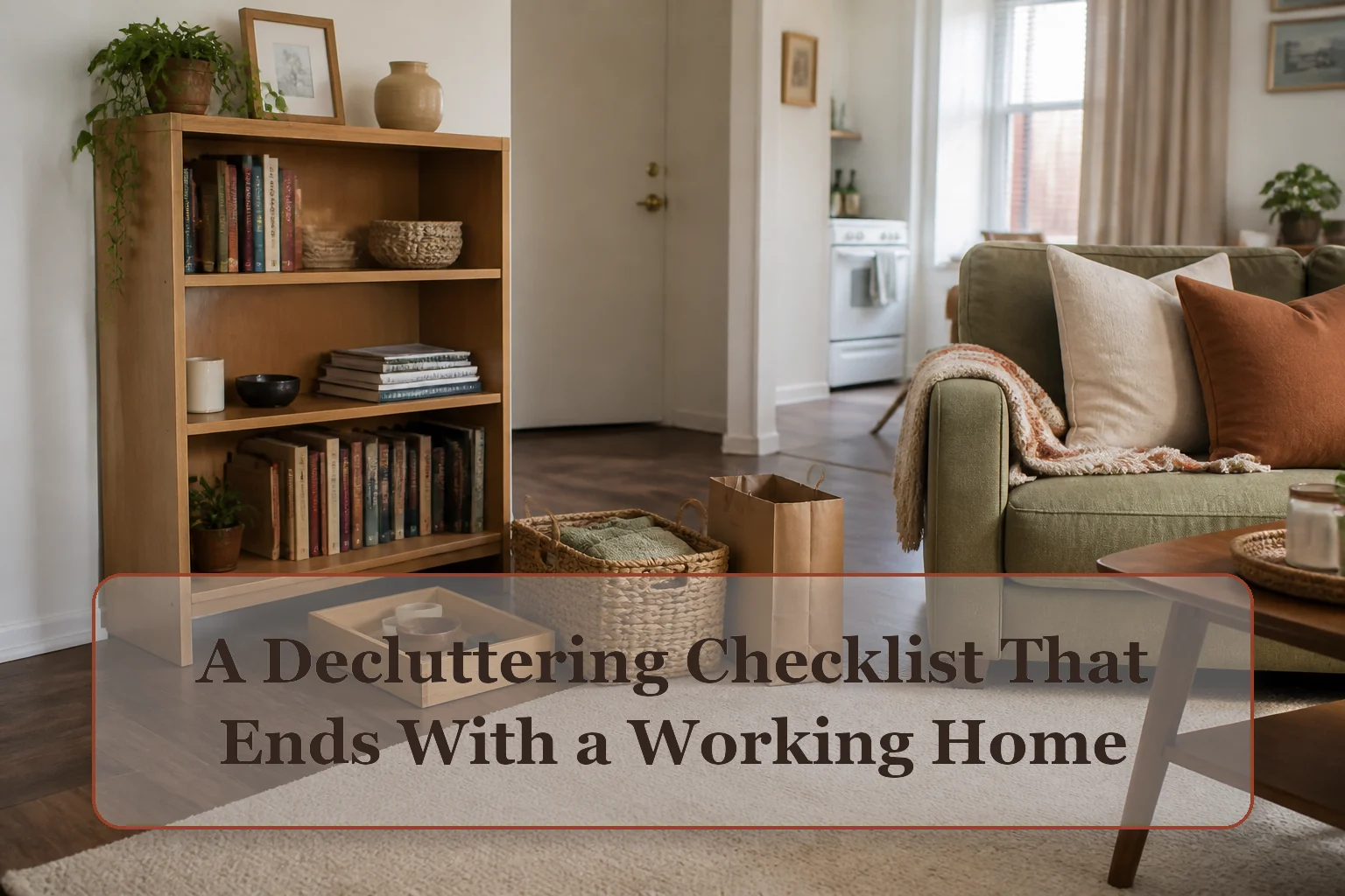 Compact living room during a bounded decluttering session with a relocate basket, donation bag, and usable seating