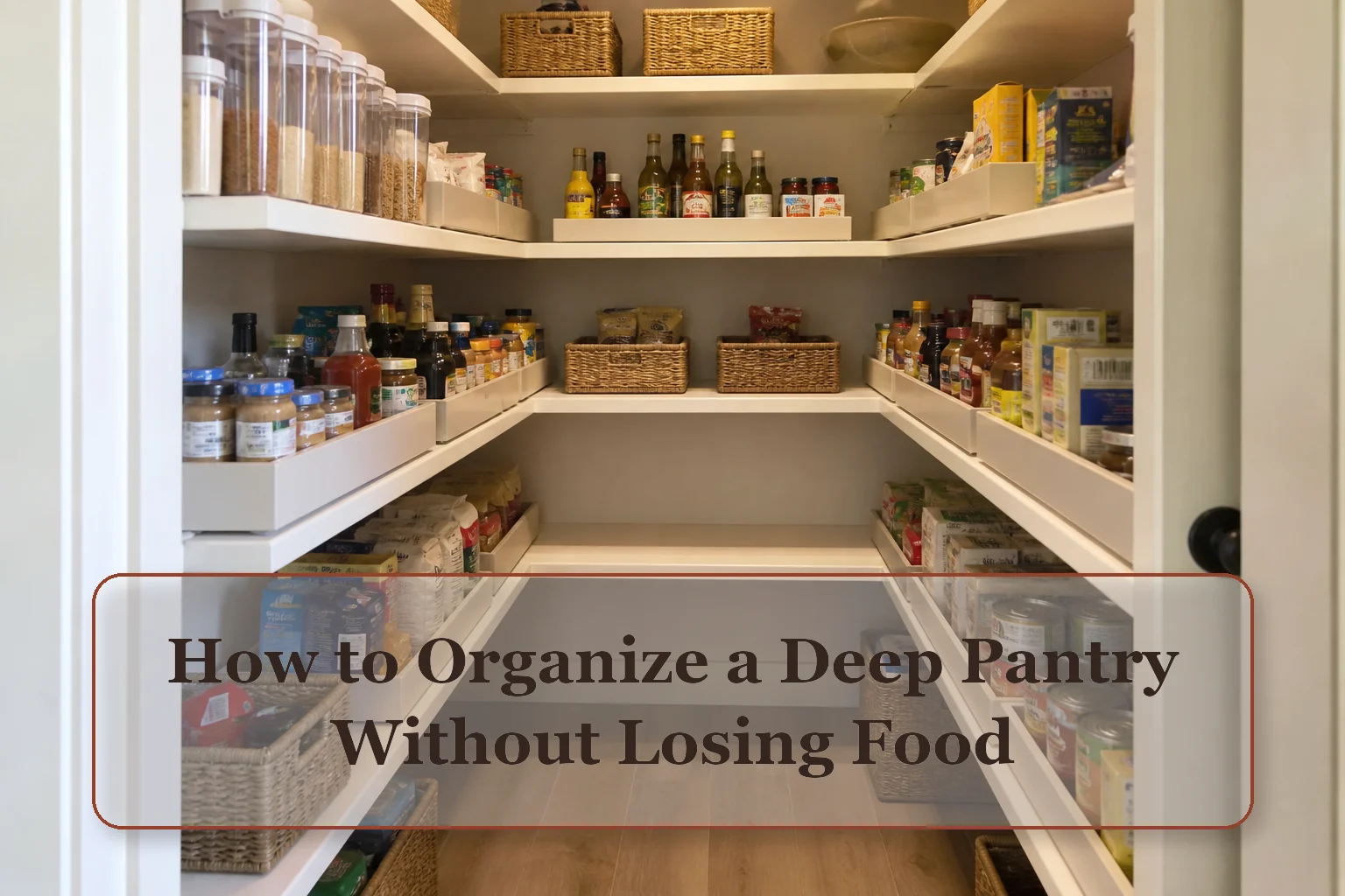 Deep pantry shelves with removable low-sided front trays and visible related backstock behind them