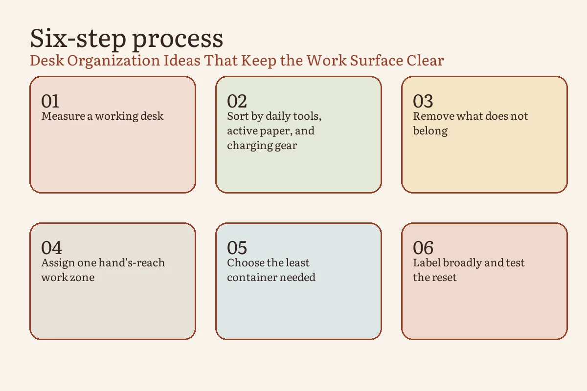Desk reset sequence from clearing the work lane to testing the return path