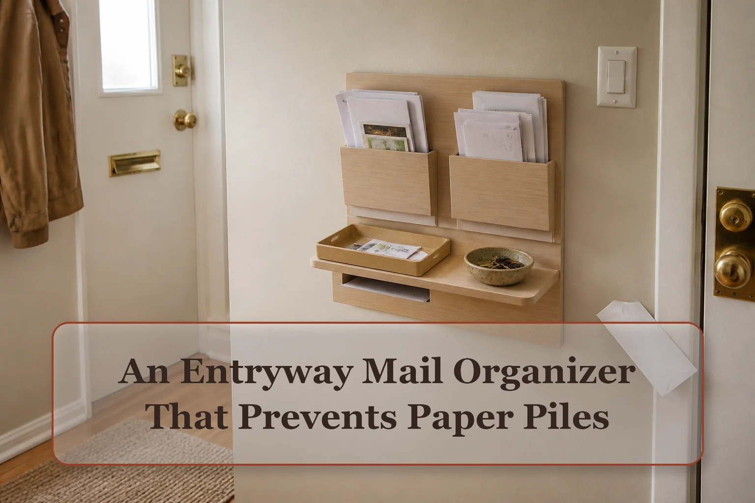 Small entry landing zone with a shallow wall sorter, inbox tray, key bowl, and one outgoing envelope