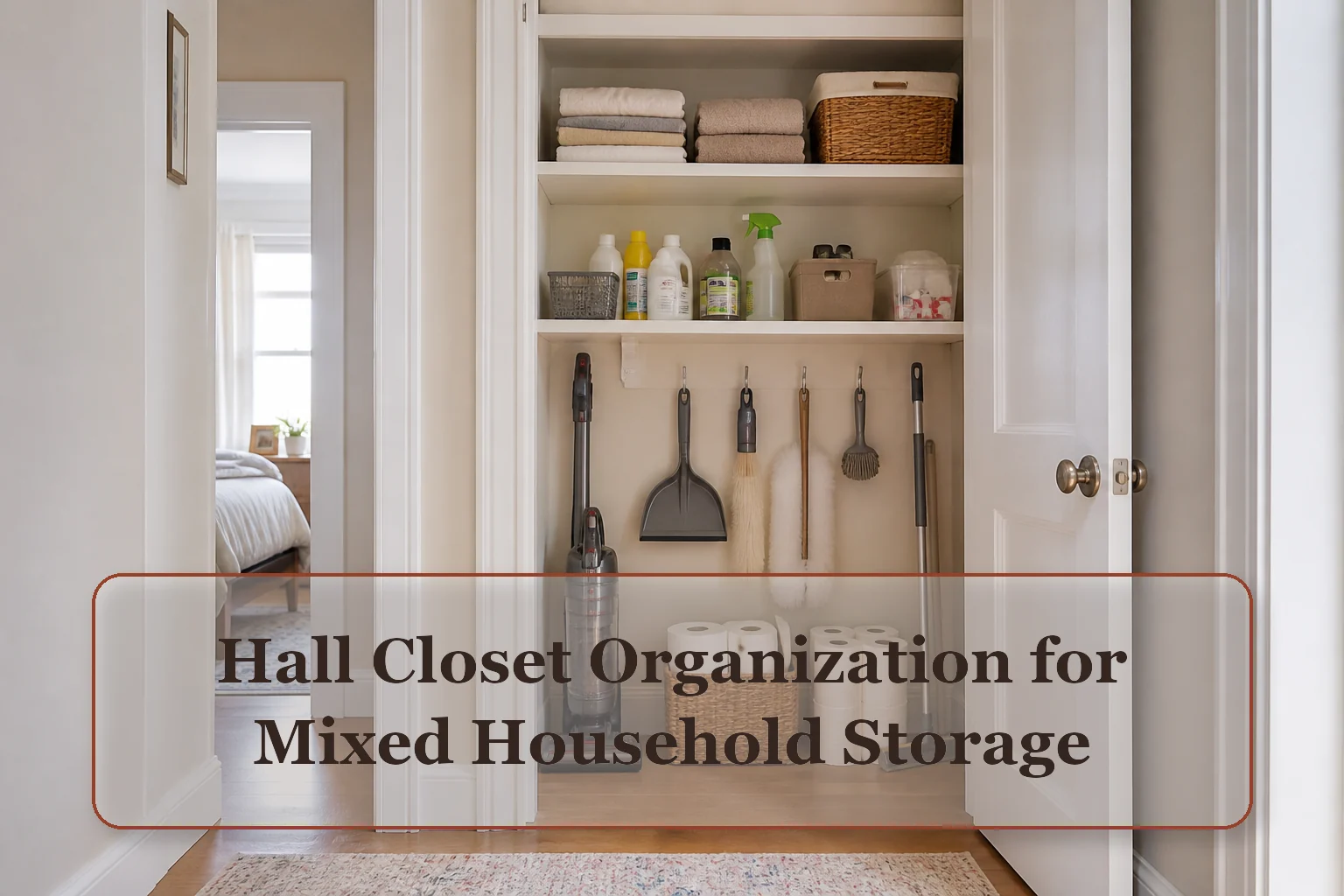 Narrow hall closet with household tools, small linens, vacuum, and limited backstock in distinct reachable zones