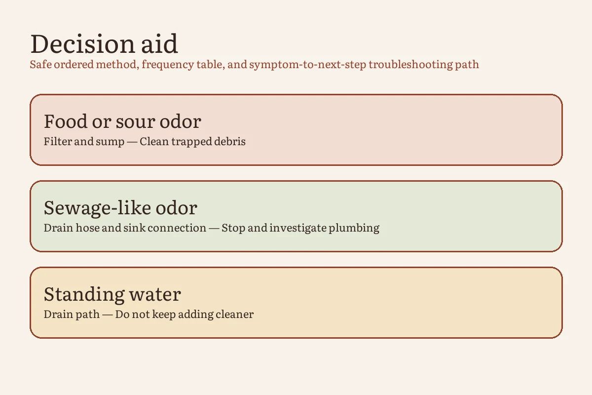 Dishwasher troubleshooting guide separating residue cleaning from drain and service problems