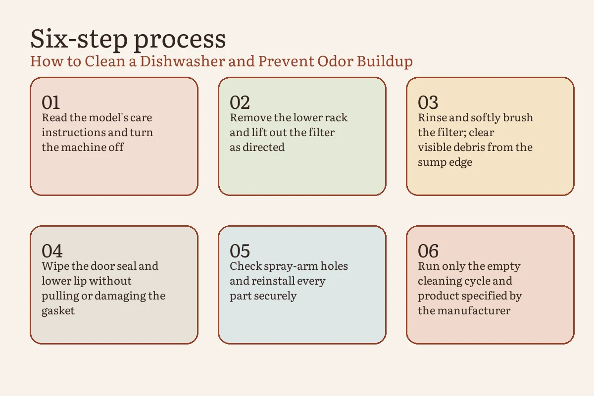 Safe dishwasher cleaning sequence from model check through filter reinstallation and drain check
