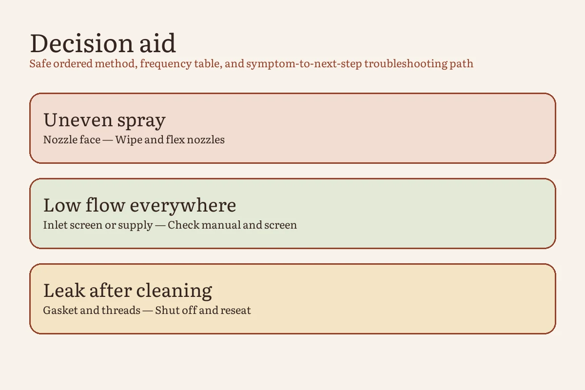 Showerhead decision guide separating face deposits, inlet restrictions, connection leaks, and whole-home pressure changes