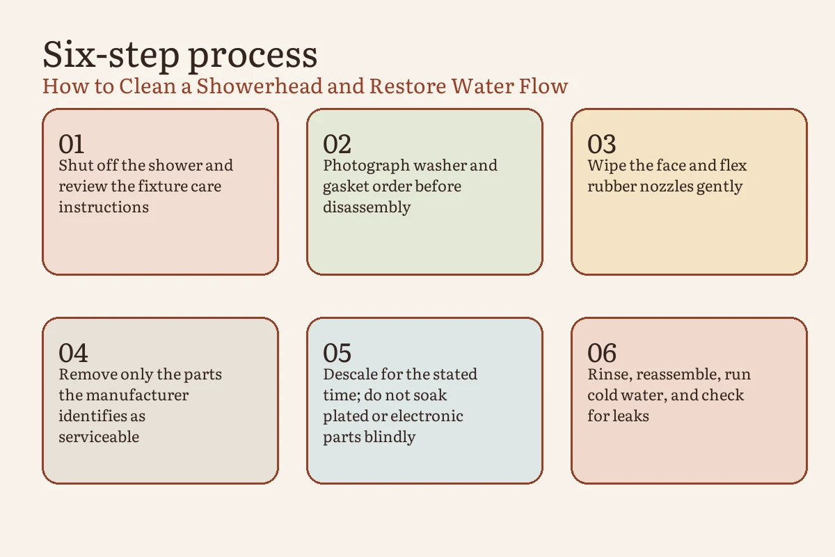 Showerhead cleaning sequence from spray diagnosis through face cleaning, approved descaling, and leak check