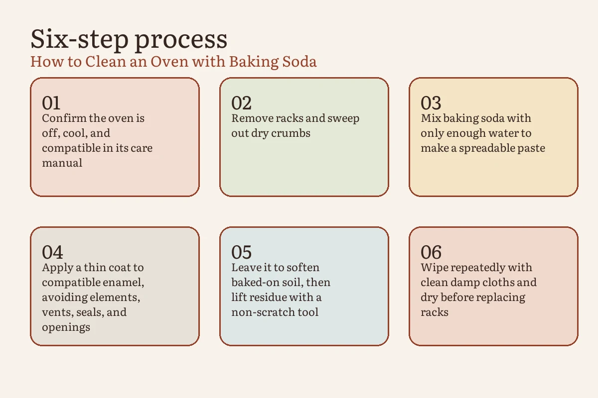 Seven-step manual oven cleaning sequence using a controlled baking soda and water paste