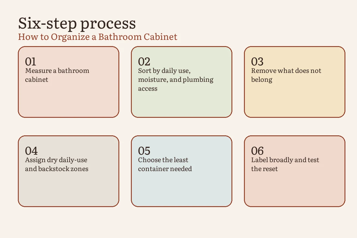 Bathroom cabinet sorting sequence using daily, occasional, backup, relocate, and discard routes