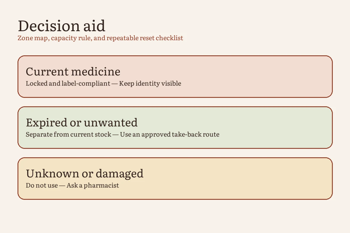Medicine storage decision path from label conditions to access control and disposal