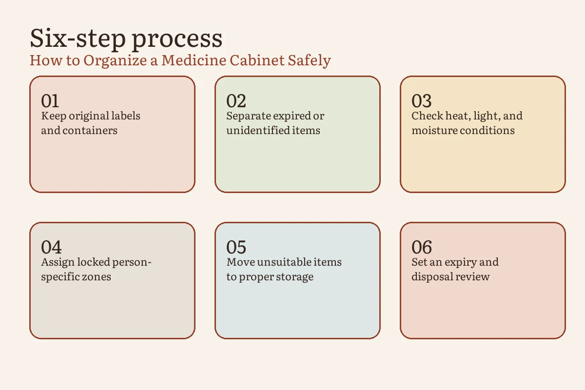 Medicine cabinet sorting sequence using stay, relocate, and secure disposal destinations