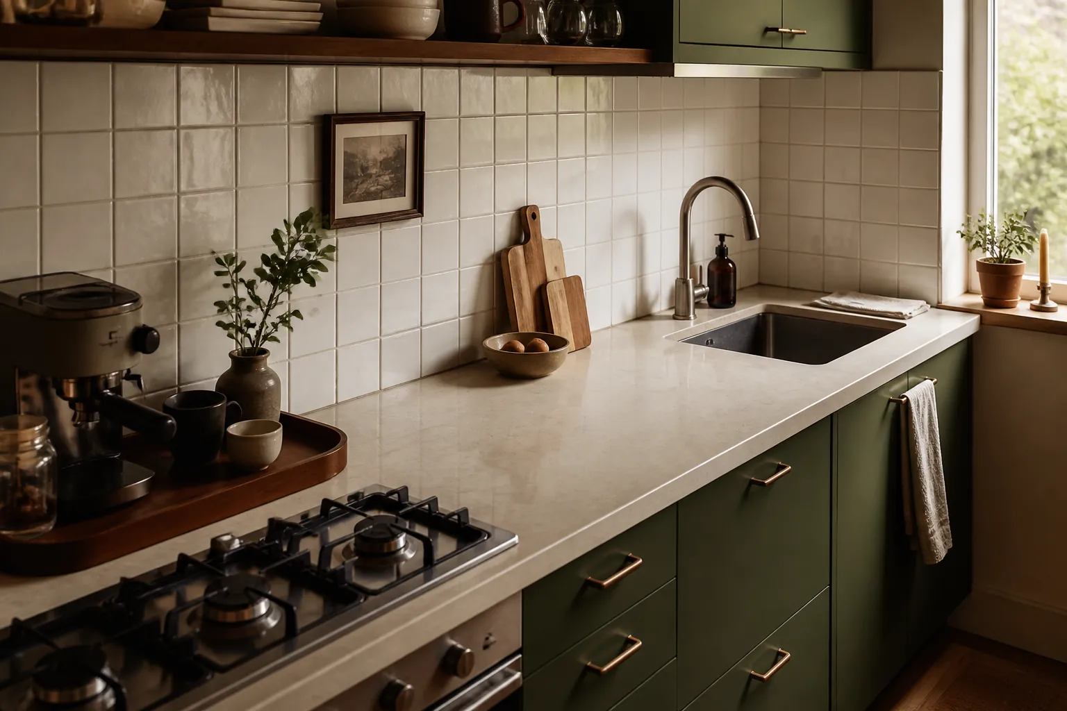 Small kitchen counter with one open prep zone, a coffee station on a tray, sink, stove, soap, and folded cloth