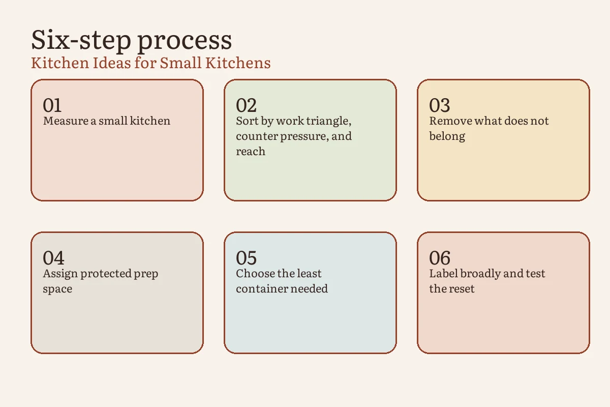 Five-zone small-kitchen path from ingredient landing through washing, preparation, cooking, and serving