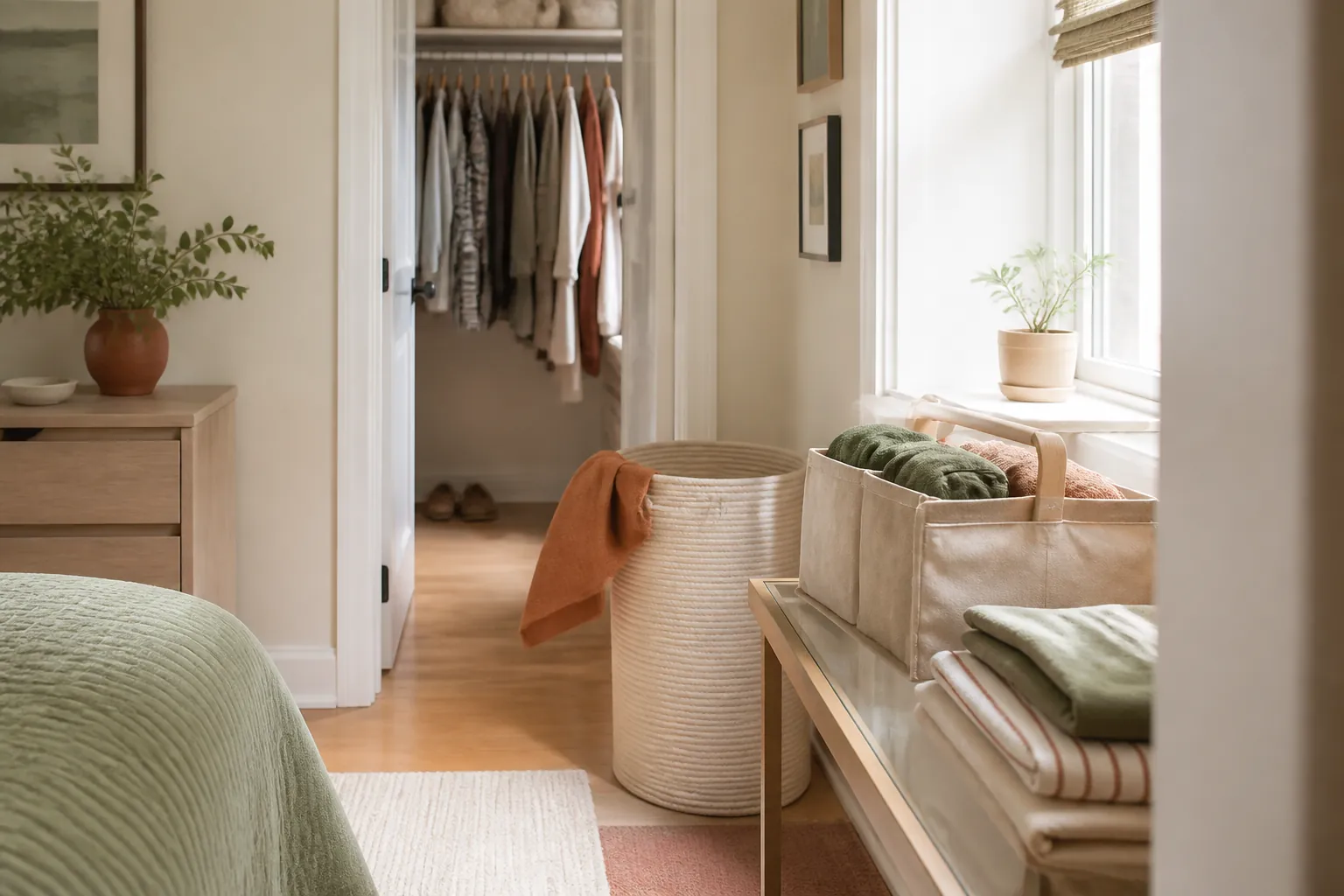 Small bedroom laundry route with a handled hamper, portable fabric caddy, folded clothes, clear surface, and nearby closet