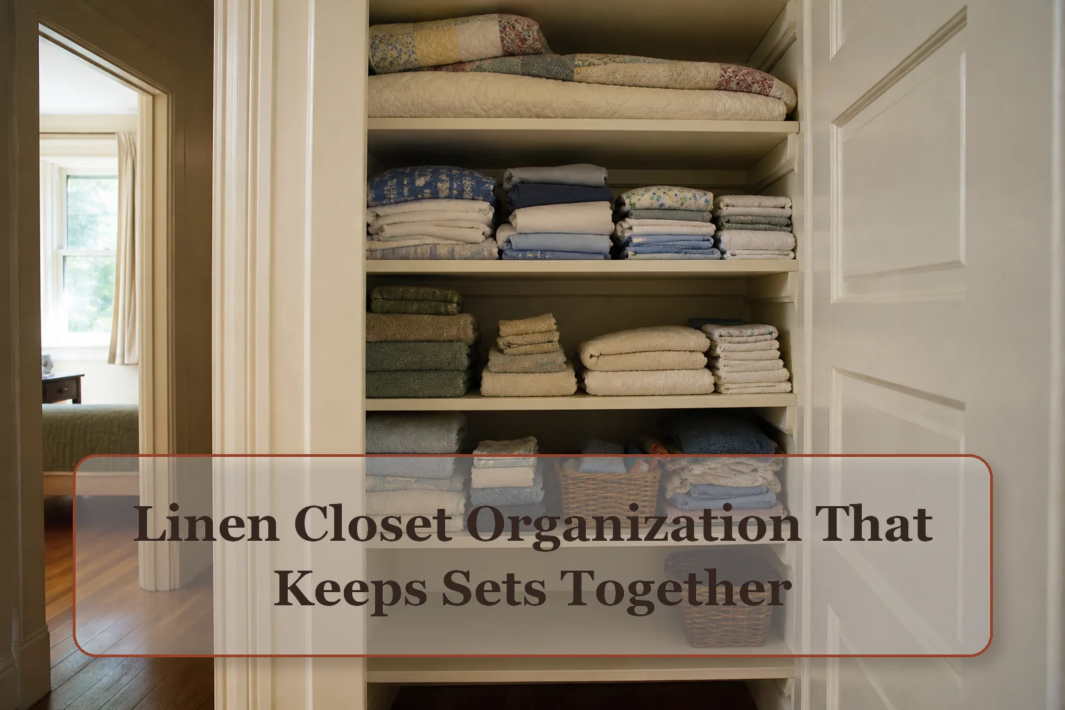 Shallow linen closet with sheet sets kept together, towels by use, and occasional bedding on upper shelves
