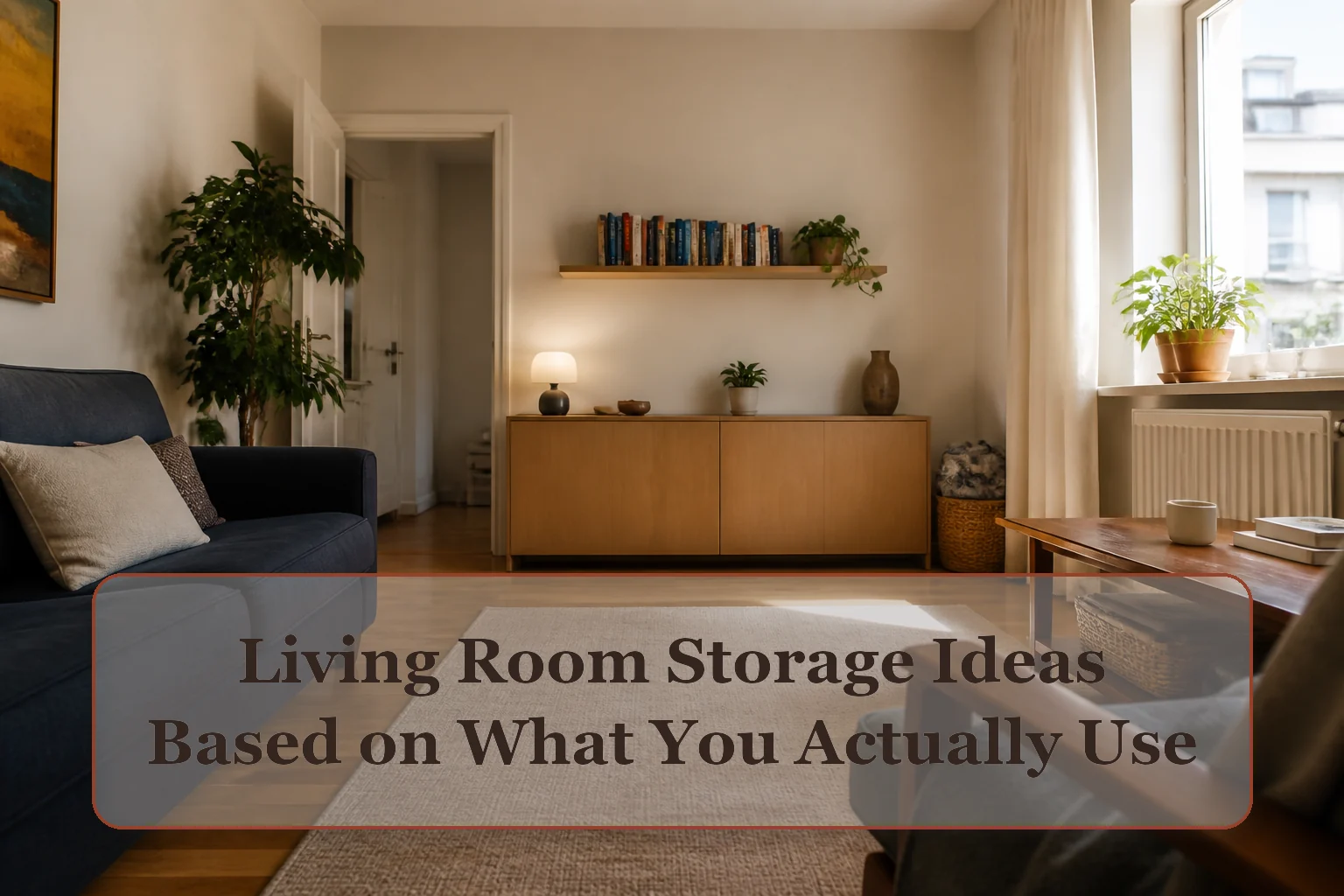 Compact living room with a low closed cabinet, one open book shelf, and a clear main walking route