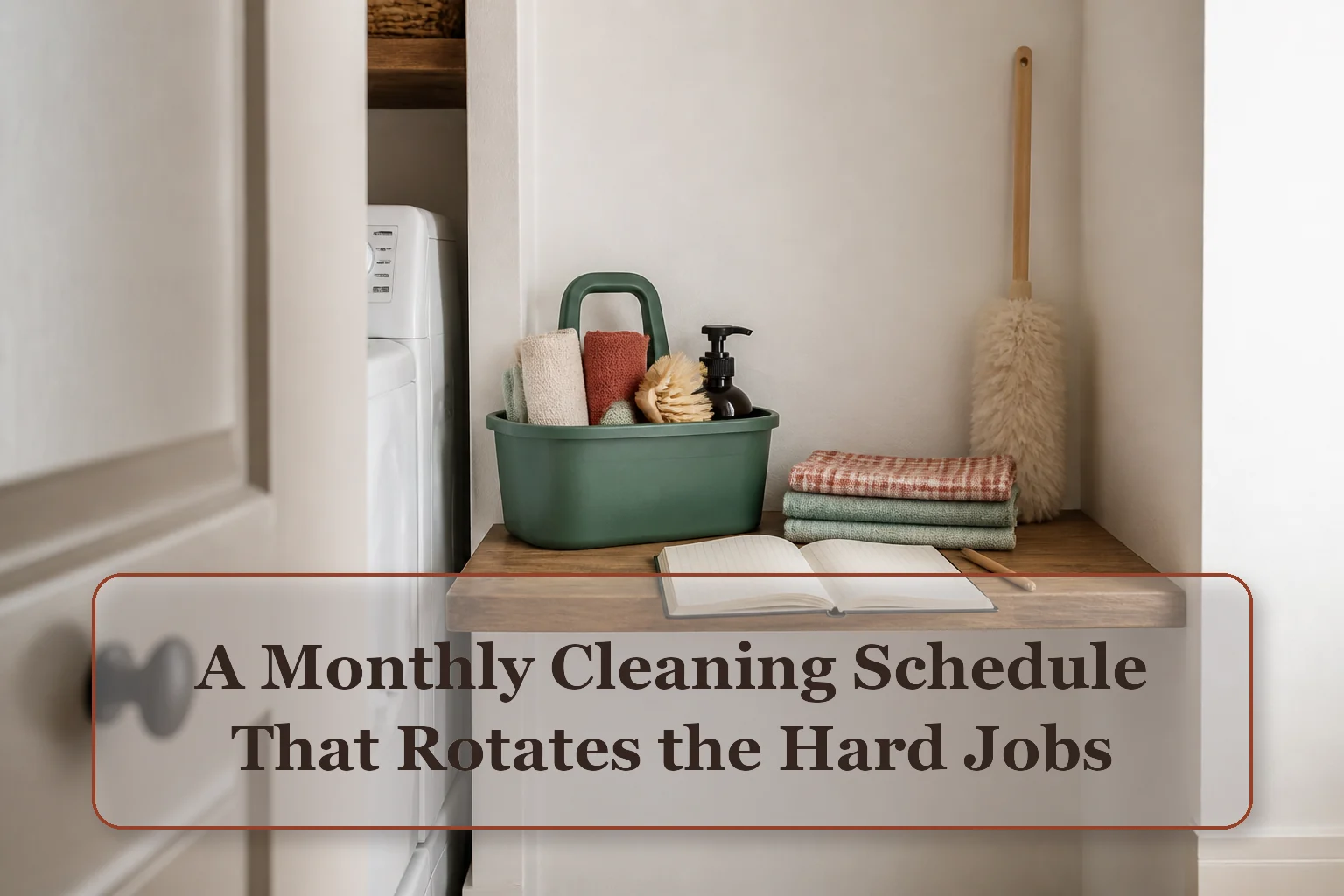 Small utility nook with a portable cleaning caddy and a blank monthly planning notebook