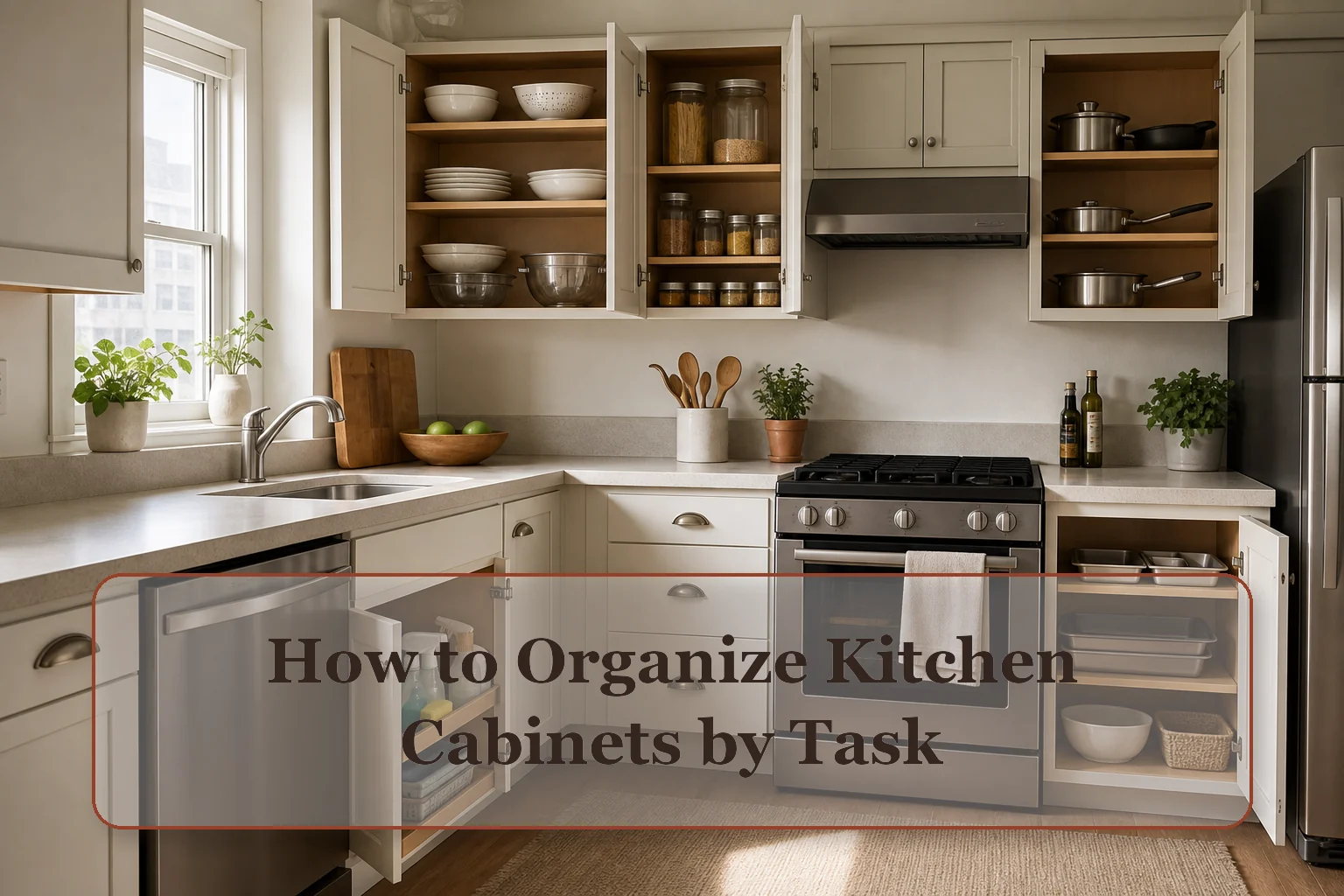 Compact kitchen with open cabinets arranged into practical prep, cooking, serving, and cleanup zones