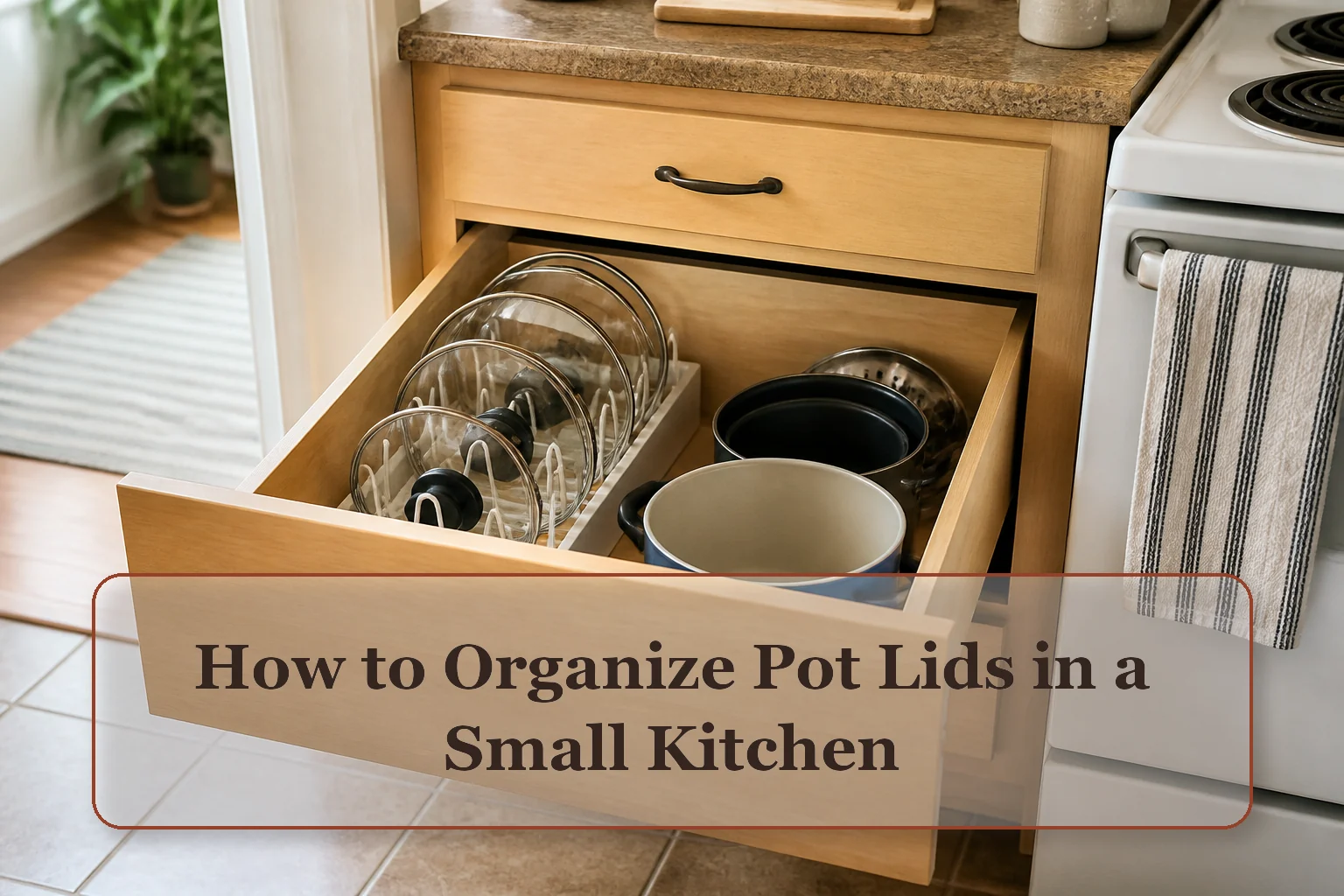 Deep kitchen drawer with pot lids stored upright in a measured rack beside nested pots