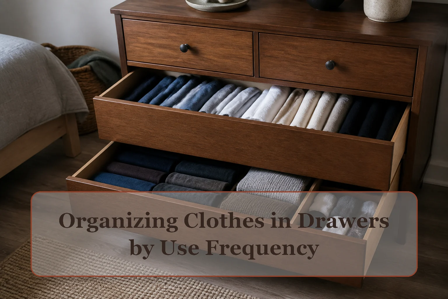 Open dresser drawers with practical upright clothing groups and a small divided section for socks