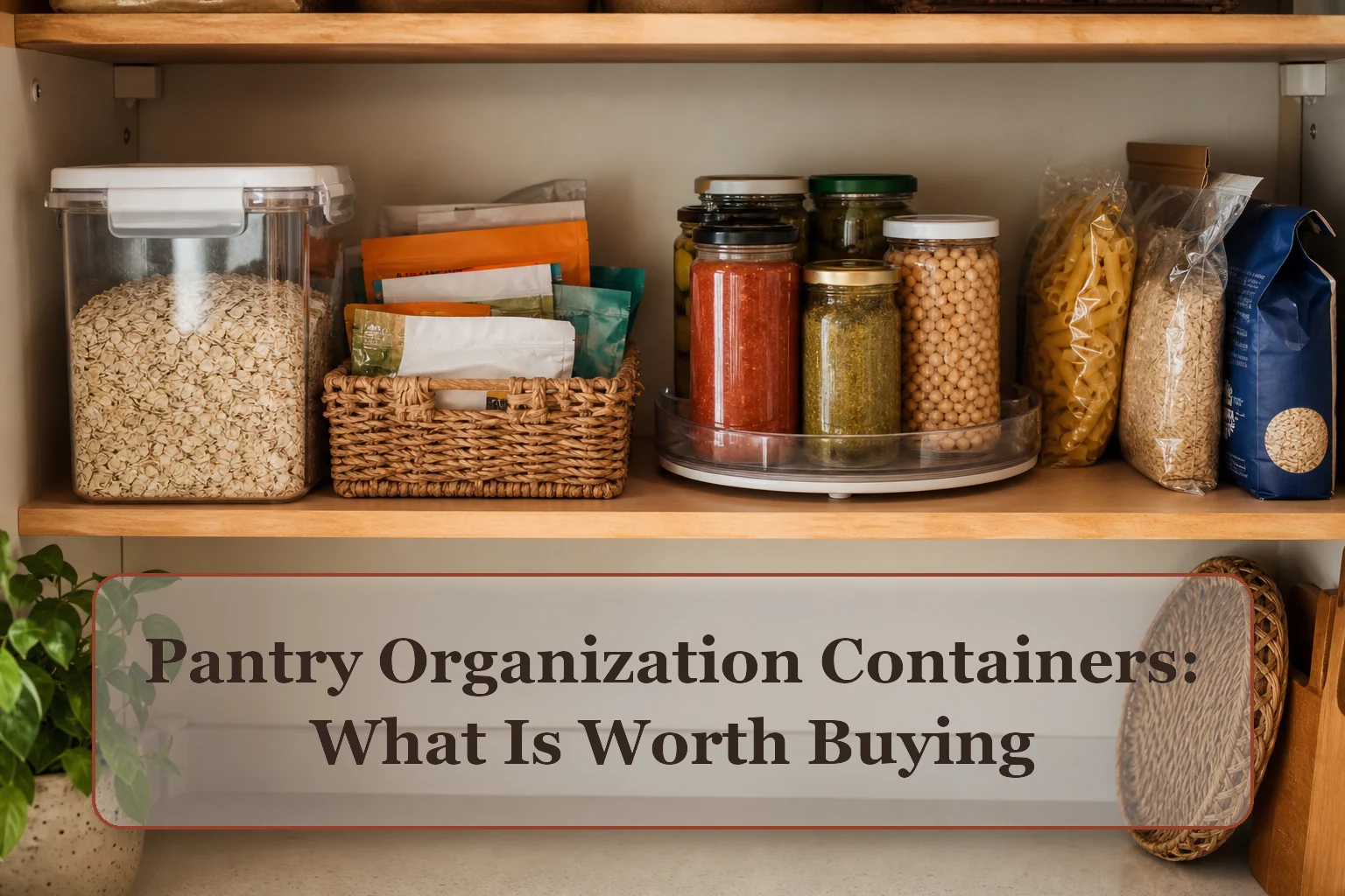 Pantry shelf using a mix of an airtight container, packet basket, turntable, and original food packages