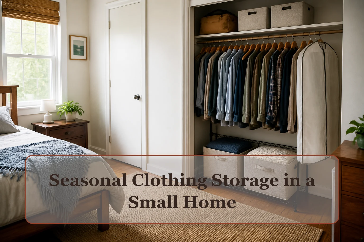 Compact bedroom with current clothing accessible and two breathable bins plus a garment bag for off-season pieces