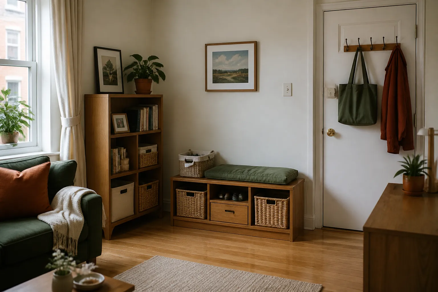 Compact apartment living and entry area with a bookcase, storage bench, wall hooks, and a clear walking path