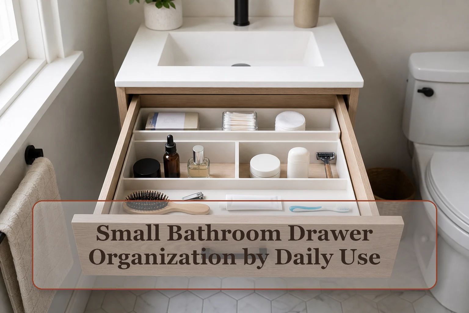 Shallow bathroom vanity drawer with daily items in front, weekly items divided, and limited backups at the rear