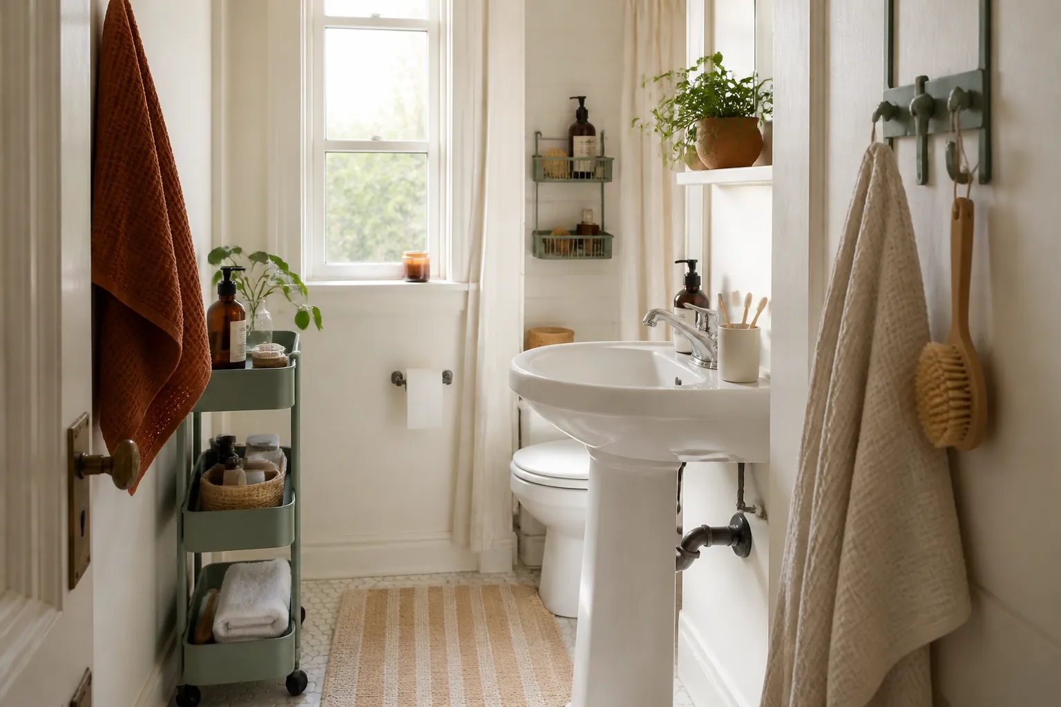 Tiny rental bathroom with a pedestal sink, narrow green rolling cart, removable door hooks, shower caddy, and open walking path