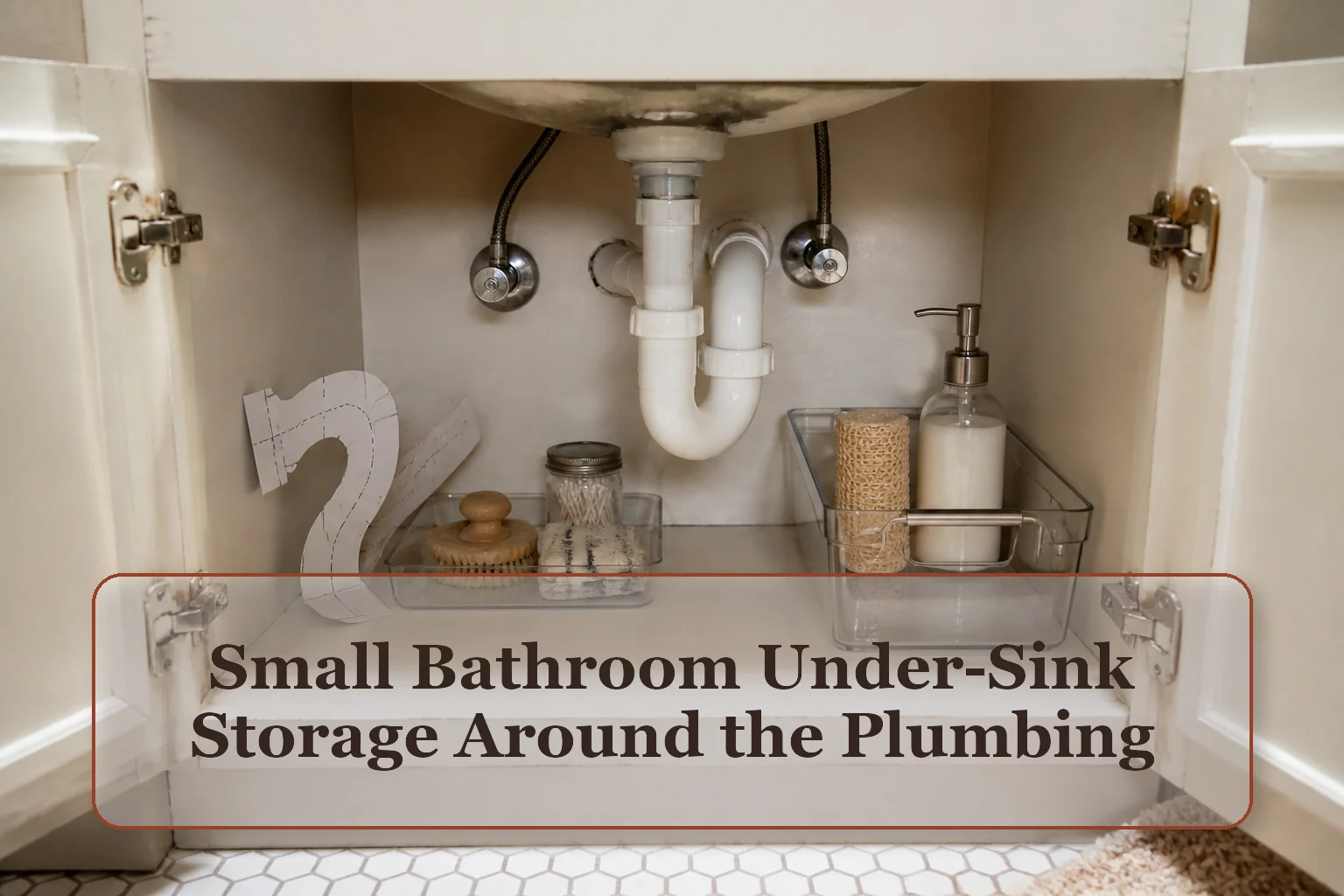 Very small under-sink cabinet with visible plumbing, a paper pipe template, low tray, and handled caddy