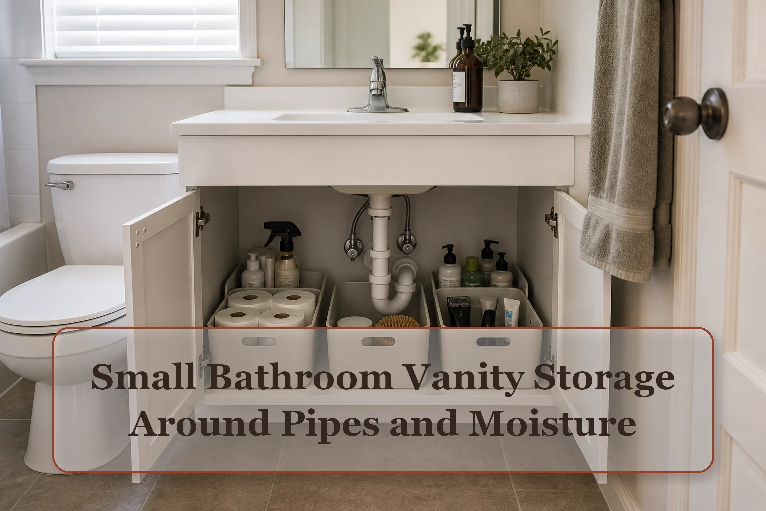 Compact bathroom vanity with open doors, visible plumbing, and removable bins arranged around pipes
