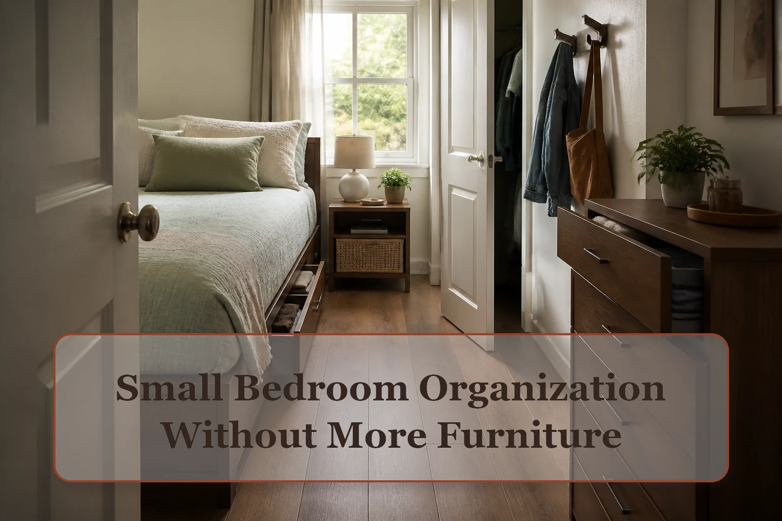 Narrow bedroom with a clear walking route, compact dresser, wall hooks, and limited under-bed storage